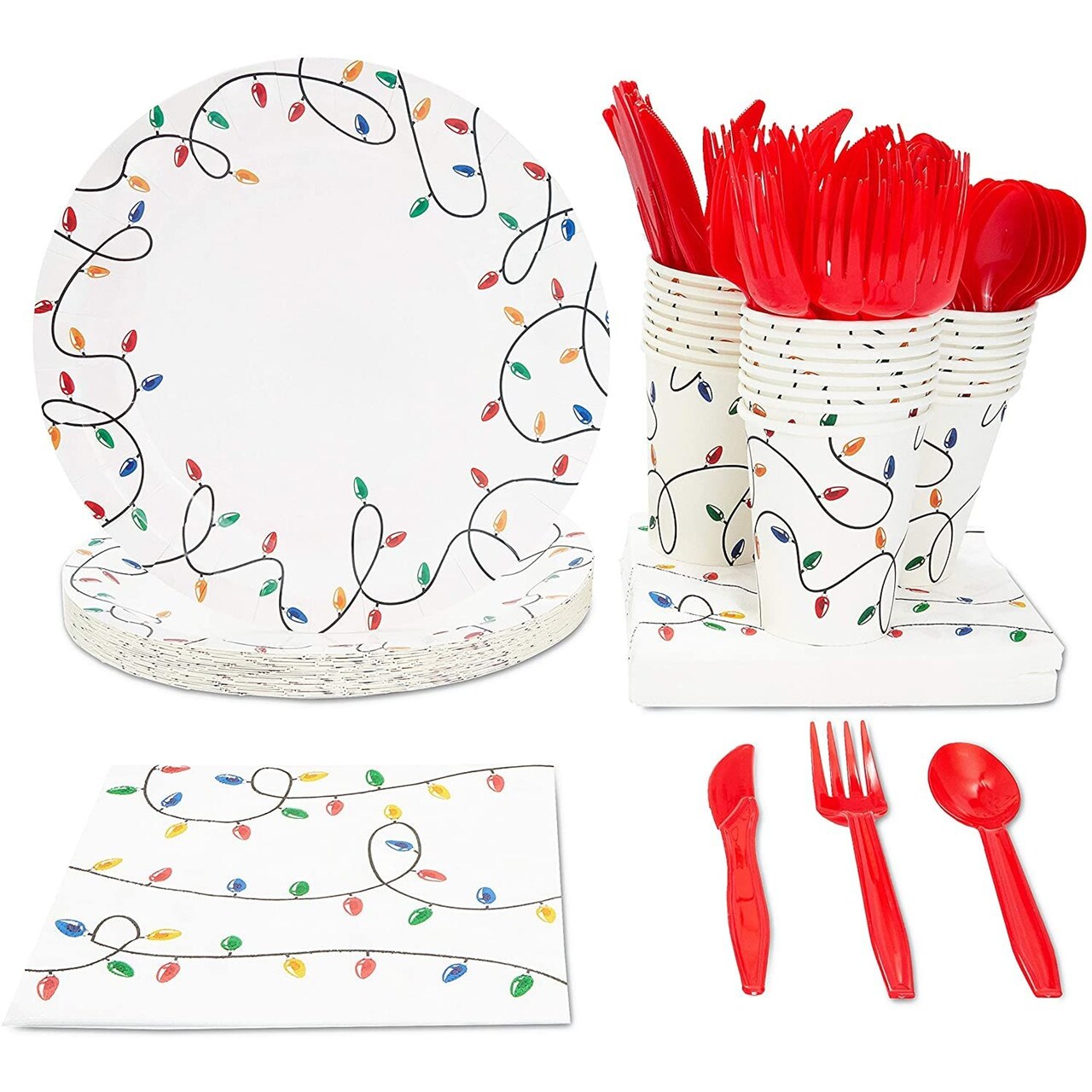 Christmas Lights Dinnerware Set, Paper Plates, Plastic Cutlery, Cups, and Napkins (Serves 24, 144 Pieces)